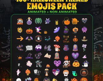 May include: A collection of Halloween-themed emojis, both animated and non-animated, with various spooky characters and symbols. The image includes text that reads "400+ HALLOWEEN THEMED EMOJIS PACK".