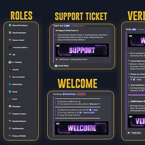 May include: A digital interface display featuring Discord server elements including a channel list, role hierarchy, support ticket panel, welcome message, and verification screen. The layout uses dark mode with purple accents and text labels for each section.