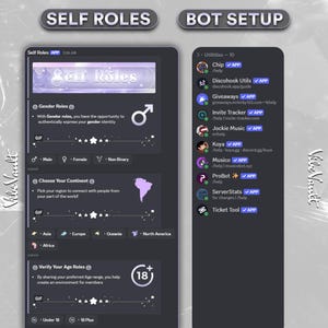 May include: Two dark gray Discord app interface screenshots. The left screen shows "Self Roles" with options for gender, continent, and age verification. The right screen displays "Bot Setup" with a list of utilities and apps.