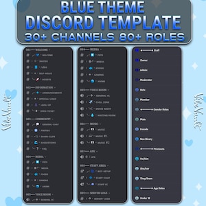 May include: A blue Discord server template graphic with the text "BLUE THEME DISCORD TEMPLATE 30+ CHANNELS 80+ ROLES." The image displays various server channel categories and role options, including welcome, information, community, media, and voice room.
