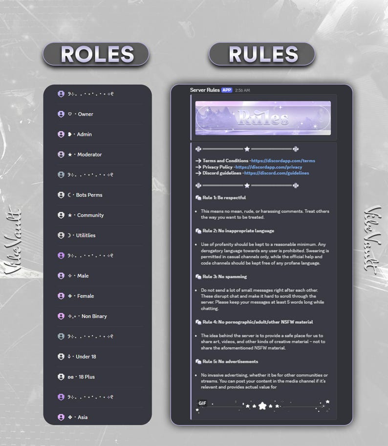 May include: A digital graphic showing two panels with text. The left panel lists server roles, including Owner, Admin, and Moderator. The right panel displays server rules, including guidelines on respect, language, and spamming.