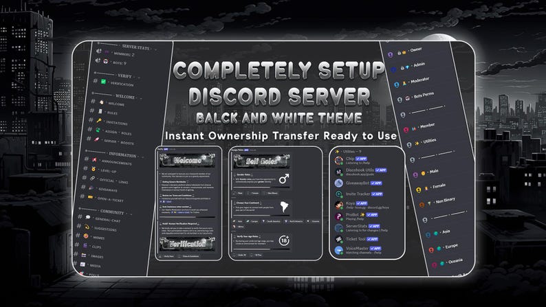 May include: A digital graphic promoting a Discord server setup with a black and white theme. The text reads "COMPLETELY SETUP DISCORD SERVER BALCK AND WHITE THEME" and "Instant Ownership Transfer Ready to Use". The image includes server interface elements.