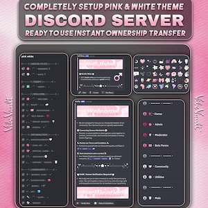 May include: A digital graphic displaying a pink and white Discord server theme. The design includes server stats, welcome messages, and various channel categories. Text reads "COMPLETELY SETUP PINK & WHITE THEME DISCORD SERVER".