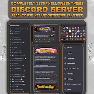 May include: A dark gray Discord server setup with a Halloween theme. The image includes text that reads "COMPLETELY SETUP HELLOWEEN THEME DISCORD SERVER READY TO USE INSTANT OWNERSHIP TRANSFER". The server features sections for self-roles, welcome messages, and verification.