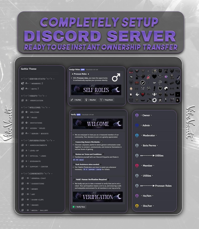 May include: A dark gray Discord server setup with the text "COMPLETELY SETUP DISCORD SERVER" in purple. The interface includes sections for server stats, welcome messages, and pronoun roles. The theme is gothic.