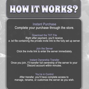 May include: A graphic with the text "HOW IT WORKS?" and instructions for instant purchase, download of a TXT file, joining a server, instant ownership transfer, and user control. The background is a gradient of gray and white.