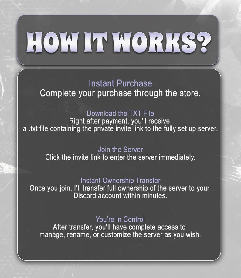 May include: A graphic with the text "HOW IT WORKS?" and instructions for instant purchase, download of a TXT file, joining a server, instant ownership transfer, and user control. The background is a gradient of gray and white.