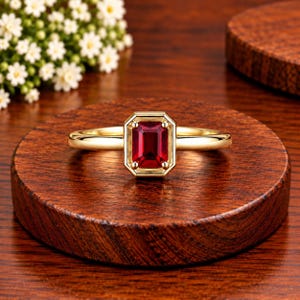Könnte beinhalten: Ein goldener Ring mit einem rechteckigen, im Smaragdschliff geschliffenen, tiefroten Edelstein in einer vierzackigen Fassung. Die Ringschiene ist glatt und poliert und unterstreicht durch ihr schlichtes Design die Farbe und Reinheit des Steins.