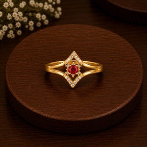 14K Gold Ruby Ring, Red Ruby Gemstone Ring, Geometric Statement Ring, Luxury Gold Ring