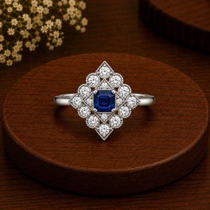 Blue Sapphire Silver Ring, Cubic Zirconia Halo Ring, 925 Sterling Silver Ring, Square Sapphire Statement Ring, September Birthstone Jewelry