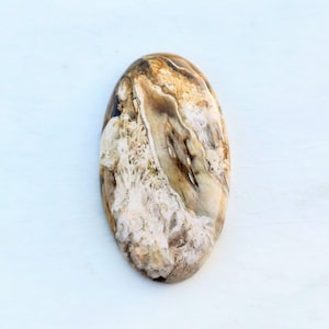 Puede incluir: Una piedra pulida de forma ovalada con un patrón de vetas de madera natural. La piedra presenta una mezcla de tonos beige, marrón y blanco, creando una apariencia única y orgánica. La superficie es lisa y reflectante.