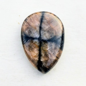 May include: A teardrop-shaped gemstone with a cross-shaped pattern. The stone features a mix of brown, tan, and black colors. The polished surface reflects light, highlighting the natural patterns and variations within the stone. This unique stone is ideal for jewelry making.