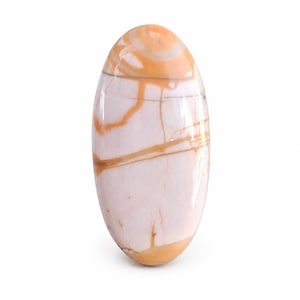 May include: An oval-shaped, polished stone with a cream-colored base and intricate patterns of orange and brown veining. The stone has a smooth, glossy surface and is set against a white background. The stone is a decorative item.
