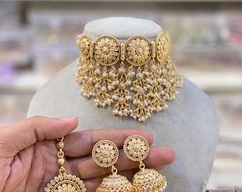 Punjabi Wedding Gold Ranihaar Set With Tikka Set / One Gram Gold Necklace / Jaggo Jewelery / Gold Necklace