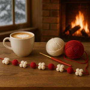 Puede incluir: Una escena acogedora con una taza de café blanca con arte latte, ovillos de lana y un ganchillo sobre una mesa de madera. Se muestra una guirnalda de ganchillo roja y blanca. Una chimenea y una ventana están en el fondo.