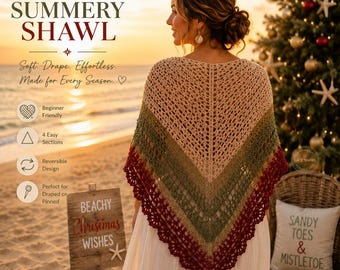 Christmas Crochet Shawl Pattern, Beginner Triangle Wrap PDF, Reversible Lace Shawl with Ruffle Border, Customizable Digital Download