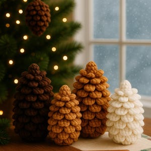 Op de afbeelding: Handgebreide dennenappeldecoraties in verschillende bruin- en wittinten. Een dennenappelornament hangt aan een kerstboom met twinkelende lichtjes. Een zuurstok ligt op het houten oppervlak.