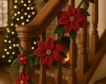 May include: A wooden staircase banister adorned with a crocheted poinsettia garland. The garland features vibrant red flowers with yellow centers and green leaves. A Christmas tree with twinkling lights is visible in the background.