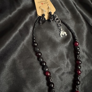 Goth Skull Choker Necklace and Earrings Set – Red Rose, Cross & Beaded Gothic Jewelry