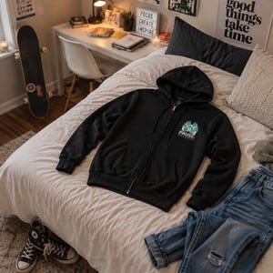 May include: A black zip-up hoodie featuring a hood with drawstrings and a graphic on the left chest. The graphic displays a teal and white circular design with the text PAUSE and smaller text below it. The hoodie has long sleeves and ribbed cuffs.