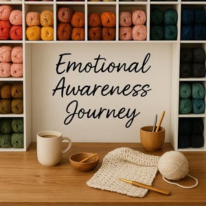 May include: A wooden table displays a crafting scene with yarn, crochet hooks, and a mug. The background features a white shelf filled with colorful yarn balls. The text "Emotional Awareness Journey" is visible.