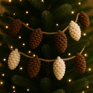 May include: A Christmas tree adorned with a garland of brown and cream-coloured knitted pine cones. The tree is illuminated with small, warm white lights, creating a festive holiday scene.