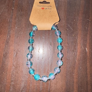 Crackle Glass Beaded Stretch Bracelet: Aqua Blue & Lavender, Silver Accents