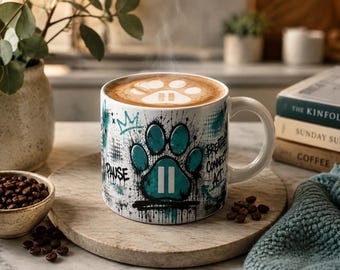 Teal Paw Print Graffiti Jumbo Mug | 20oz Ceramic Coffee Cup