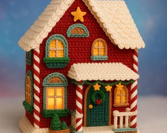 May include: A handmade crochet Christmas house in red, cream, and green. The house features a cream-colored roof, windows with yellow light, and decorative candy cane-striped columns. A star and wreath adorn the house.