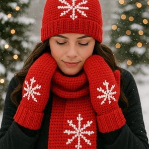Women\'s Red White Winter Beanie Hat Scarf Gloves Set Pom Warm Christmas Gift Winter Hat Gloves Scarf Set Women, Beanie with Pom  main image 4