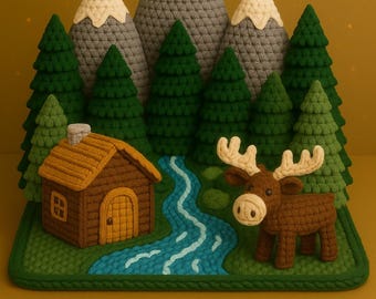 Crochet Mountain Cabin & Moose Diorama Pattern • Woodland Playset (PDF Pattern)