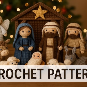 May include: A crochet nativity scene with figures including Mary, Joseph, baby Jesus, an angel, and animals. The figures are in various colors, including blue, brown, and beige. The text "CROCHET PATTERN" is displayed at the bottom.