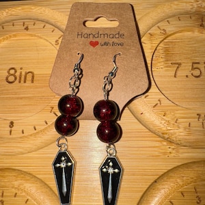 Gothic Coffin Dangle Earrings | Handmade Vampire Jewelry | Black & Red Beaded Halloween Earrings