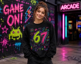 Neon 67 Retro Arcade Crewneck | 80s Gamer Graphic Sweatshirt