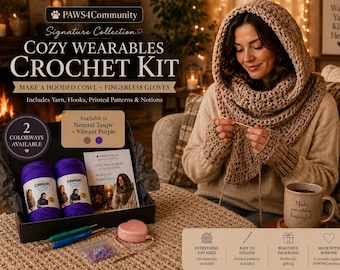 Complete Crochet Kit | Hooded Cowl and Fingerless Gloves | Yarn, Hooks, Printed Patterns and Notions | Cozy Wearables DIY Kit