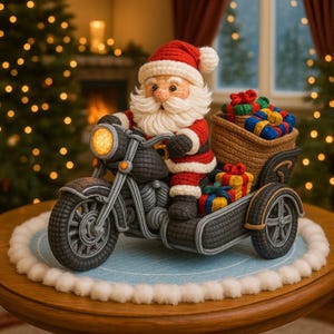 May include: A crocheted Santa Claus figure on a black motorcycle with a sidecar. Santa is dressed in a red suit and hat, with a white beard. The sidecar is full of wrapped gifts. The motorcycle has a yellow headlight and is on a wooden table.