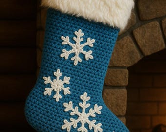 Crochet Christmas Stocking Pattern – Frosted Blue, Snowflake Appliqués (PDF)