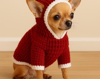 May include: A small tan Chihuahua dog wearing a red knitted hoodie with white trim. The dog is sitting on a wooden floor, looking to the side. The hoodie covers the dog's head and body, with white trim around the hood and cuffs.