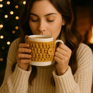 May include: A white ceramic mug with a mustard yellow knitted cozy and a wooden button. The mug is held by a person wearing a cream-colored sweater. The background includes a Christmas tree with bokeh lights and a fireplace.