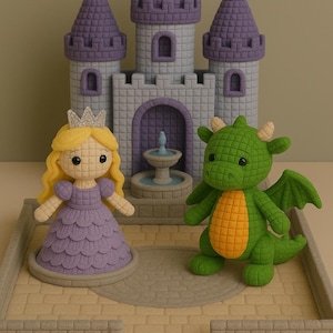 May include: A whimsical fairy tale scene featuring a purple and gray castle with orange flags, a princess doll in a purple dress, and a green dragon doll with an orange belly. The dolls are on a brick-like surface.
