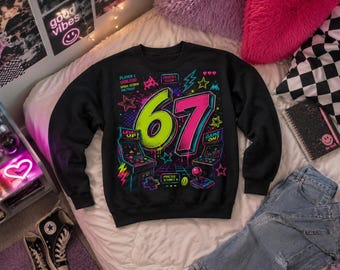 Neon Arcade 67 Kids Sweatshirt | Retro Video Game Birthday Design