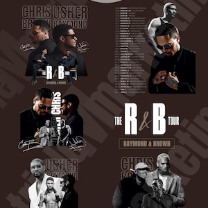 Peut inclure: Un lot de fichiers PNG numériques présentant des graphismes promotionnels pour The R&B Tour avec Chris Brown et Usher Raymond. La collection comprend plusieurs portraits des artistes, des listes de dates de tournée et le titre de la tournée.