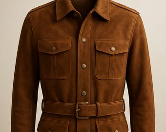 Handmade Brown Suede Leather Jacket: Vintage Style Belted Coat
