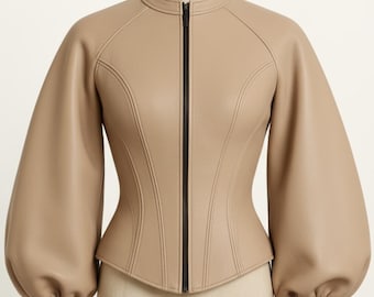 ダークブラウンレザーバイカージャケット：ジッパー付きの頑丈な