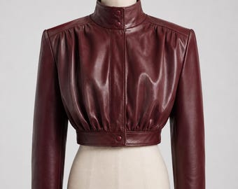 Burgundy Sheep Leather Cropped Jacket – Women’s High Neck Ruched Designer Top