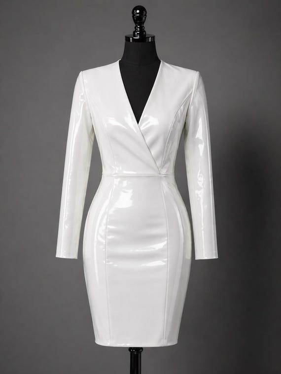 white leather bodycon dress Women's Genuine Sheep Dress, Luxury Mini Dress, V Neck Long Sleeve Size:6 US/ AGE/ 1-4 Years/ Toddler