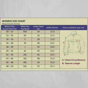 May include: A women's size chart with measurements in inches. The chart includes chest size, jacket size, and sleeve length, with a diagram illustrating how to measure chest circumference and sleeve length.