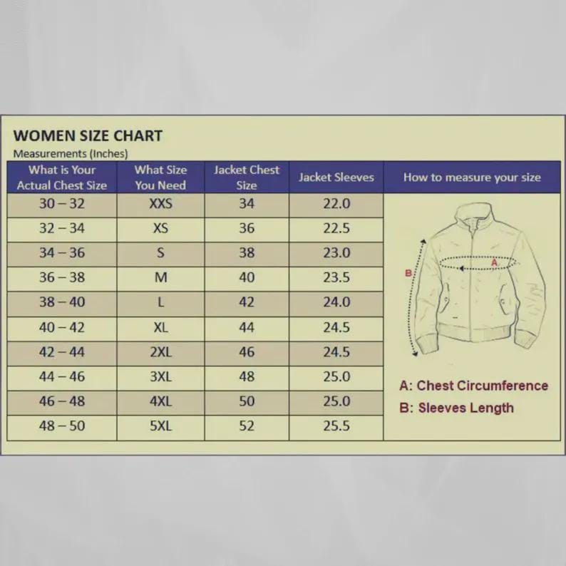 May include: A women's size chart with measurements in inches. The chart includes chest size, jacket size, and sleeve length, with a diagram illustrating how to measure chest circumference and sleeve length.