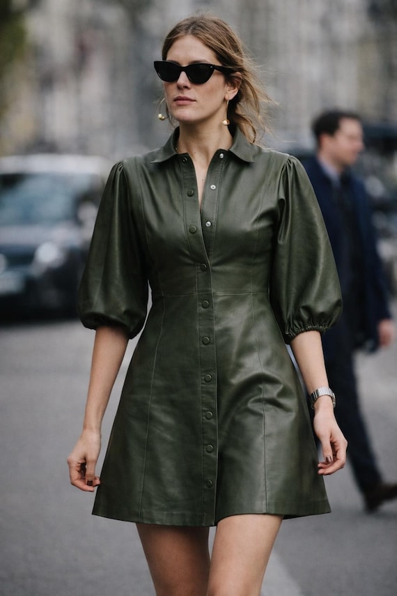 Handmade Olive Green Genuine Leather Dress for Women | Puff Sleeve Mini  Dress - Etsy Canada