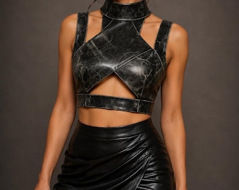 Genuine Sheep Leather Crop Top | Distressed Black Halter Neck Bralette | Goth Punk Festival Top